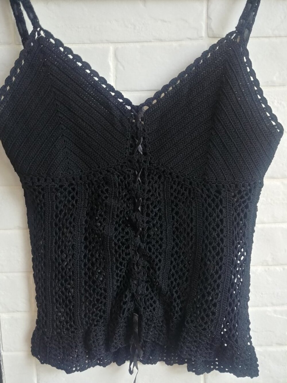 Aria crochet ribbon lace up knit spaghetti strap tank top sheer approx Small